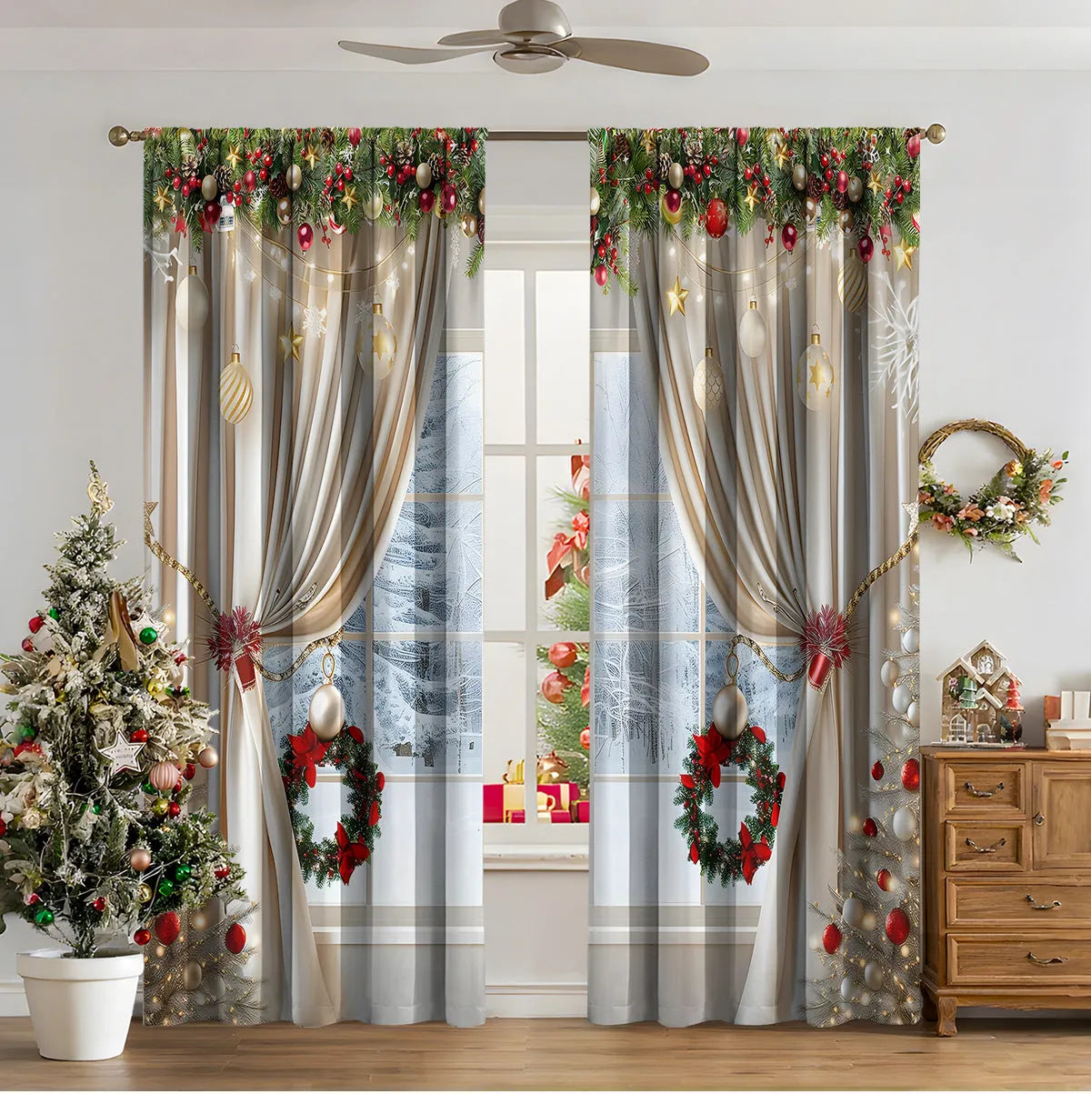 3D digital printed Christmas curtain in a modern European style, showing festive pattern and fabric texture.