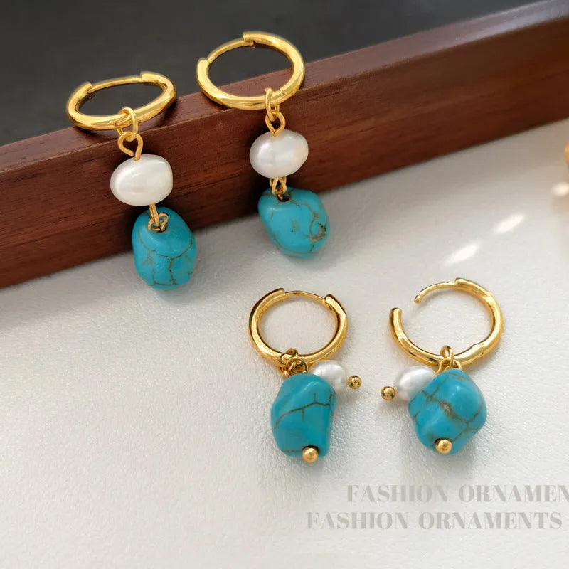 Turquoise and cultured pearl geometric earring set with short stud and long dangle copper earrings