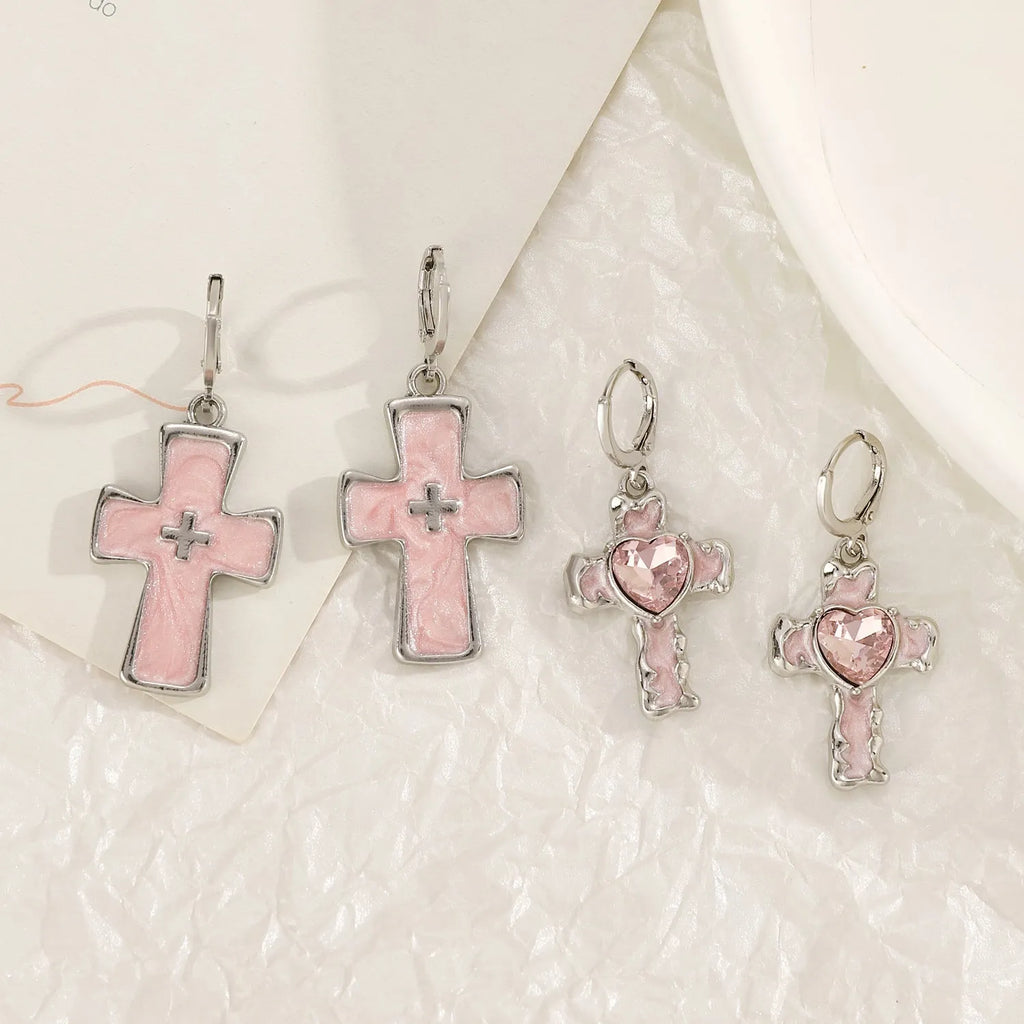 Women's alloy cross crystal earrings in five colours with dripping oil finish and multiple design elements