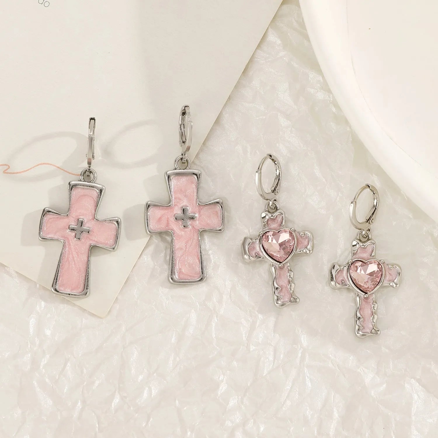 Women's alloy cross crystal earrings in five colours with dripping oil finish and multiple design elements