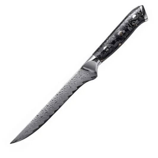 Damascus steel eight-piece kitchen knife set showing fishbone pattern blades and modern handles.