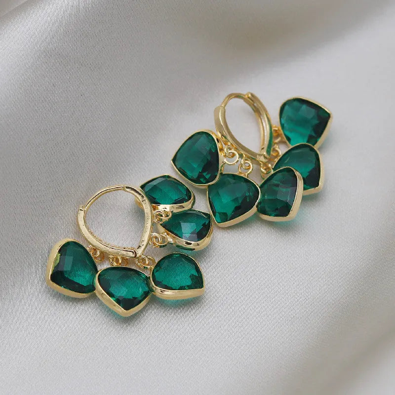 Green heart-shaped glass ear clip earrings with Korean style design and alloy accents