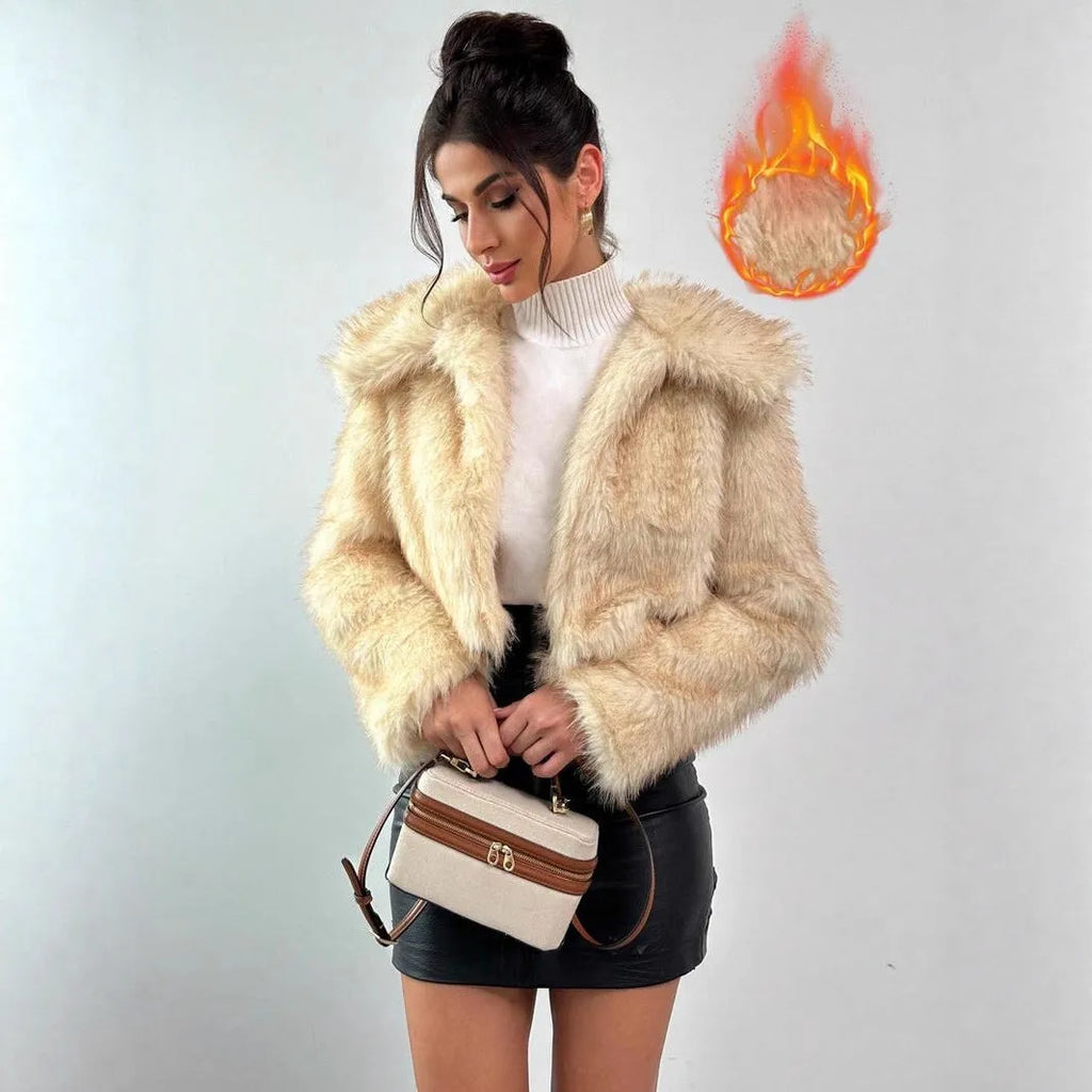 Short-length artificial fur coat with a thick fur collar, shown in one of six available colour options.