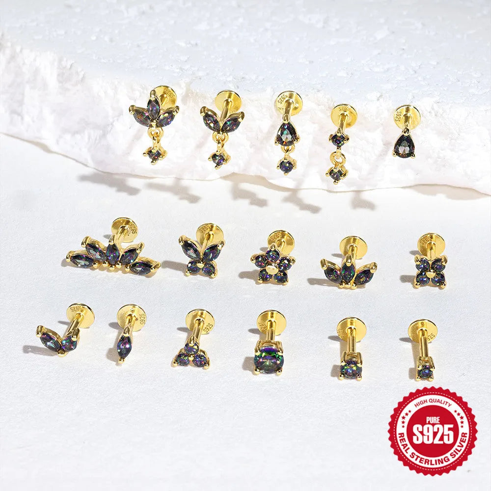 S925 sterling silver flat head earring stud with a super shiny rainbow stone for thread piercings.