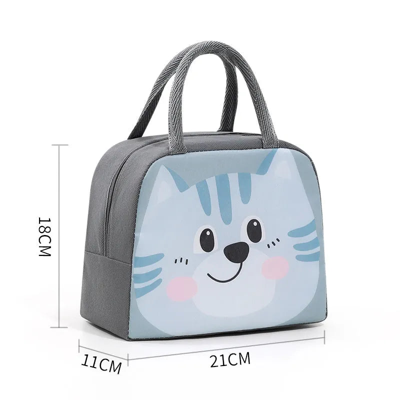 Cartoon insulated lunch box bag for children in Orange Bear design with zip closure.