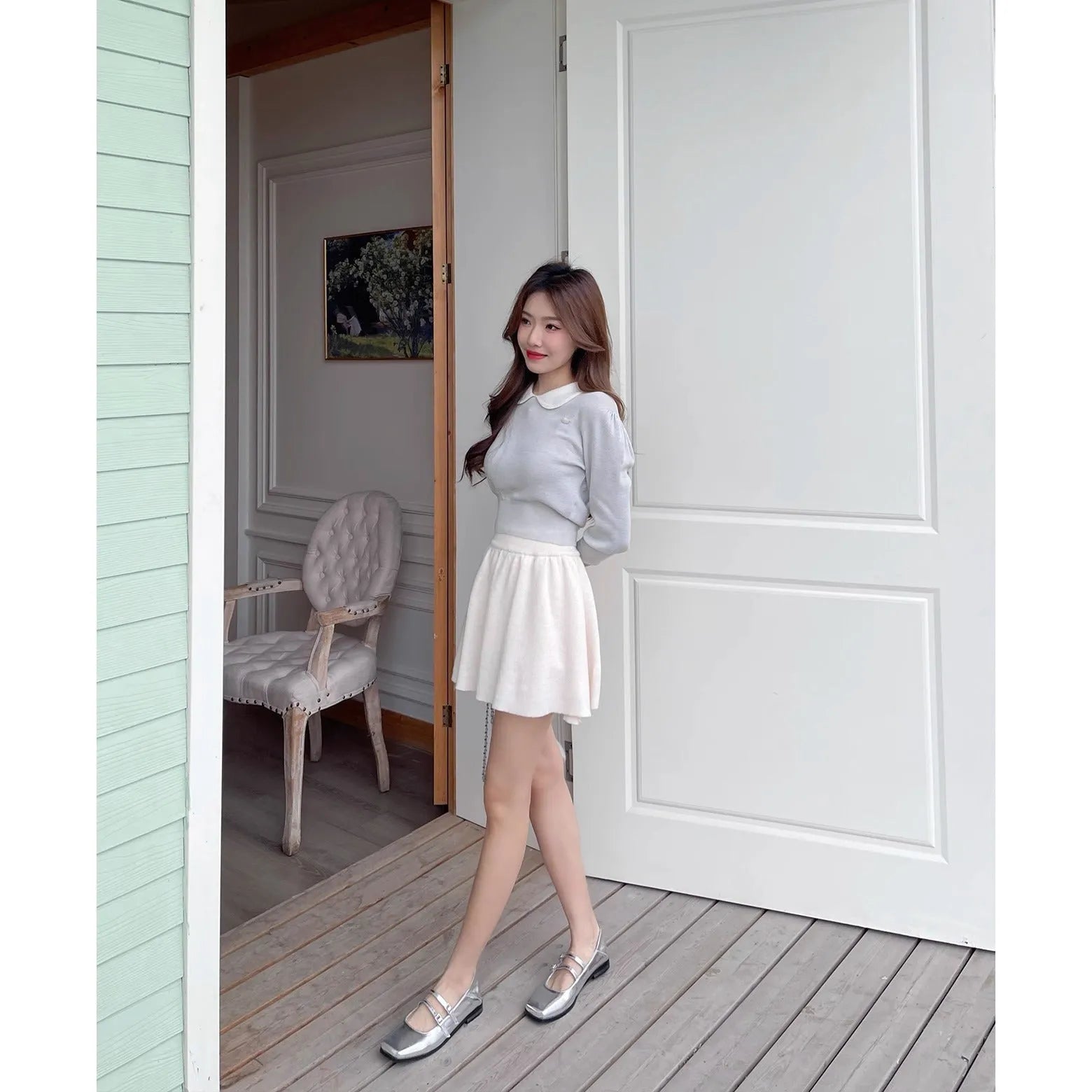 Women's silver leather ballet flats with cross buckle strap and round toe