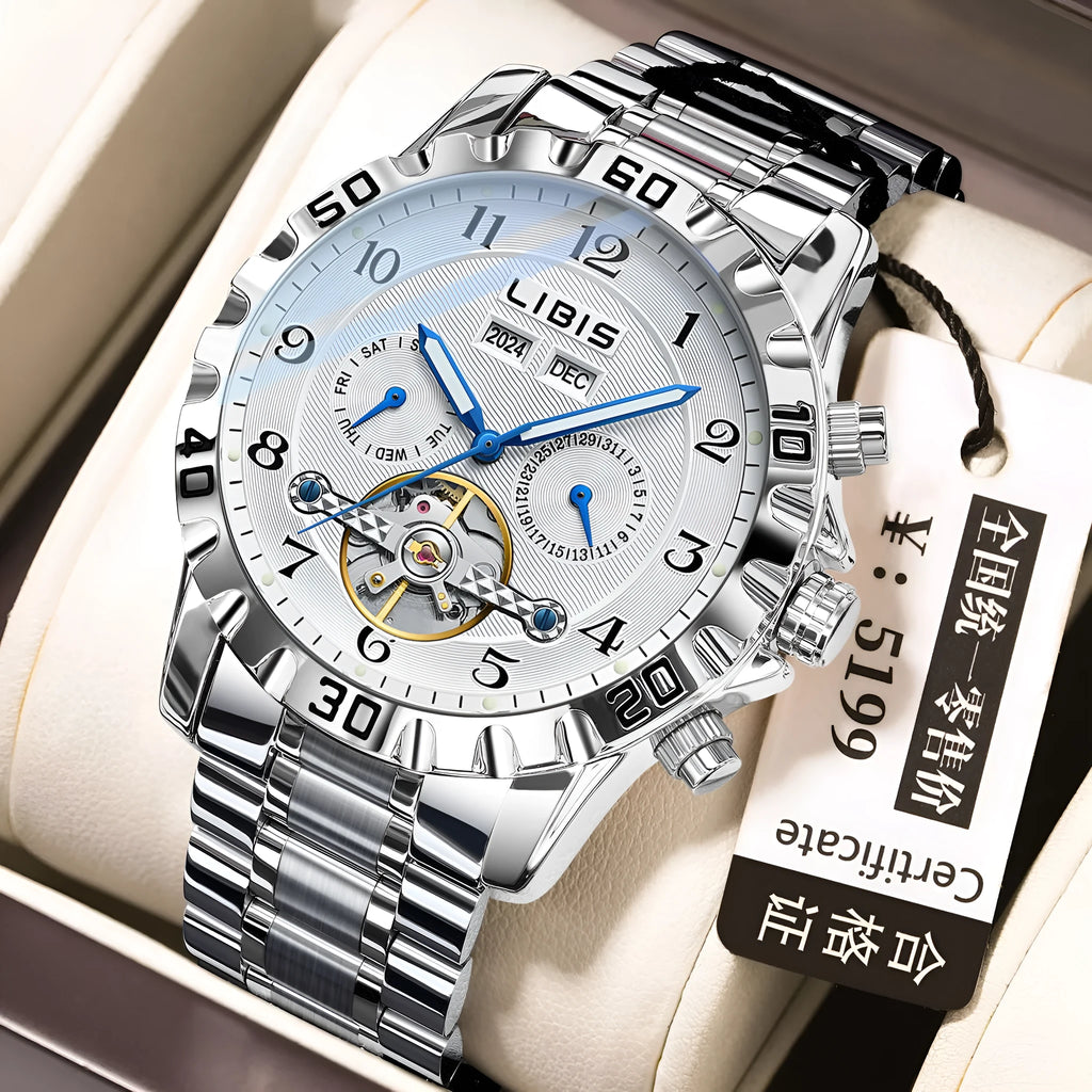 Silver men's automatic perpetual calendar watch with stainless steel band and sapphire glass.