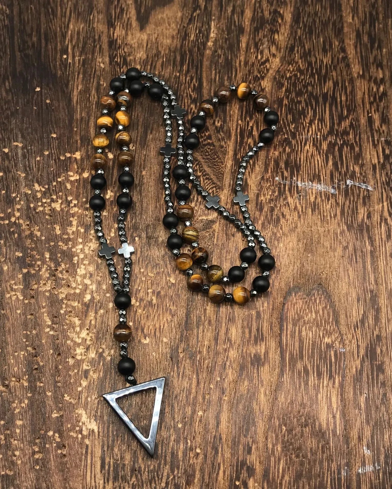 Men's stone cross pendant necklace on an 80cm ball bead chain with a safety lock