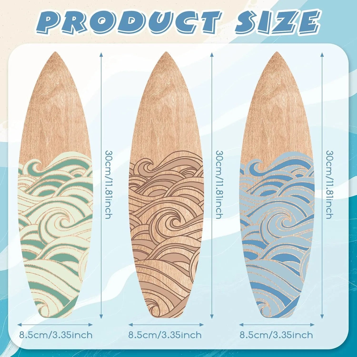 Three identical wooden surfboard wall decorations with European-style carving
