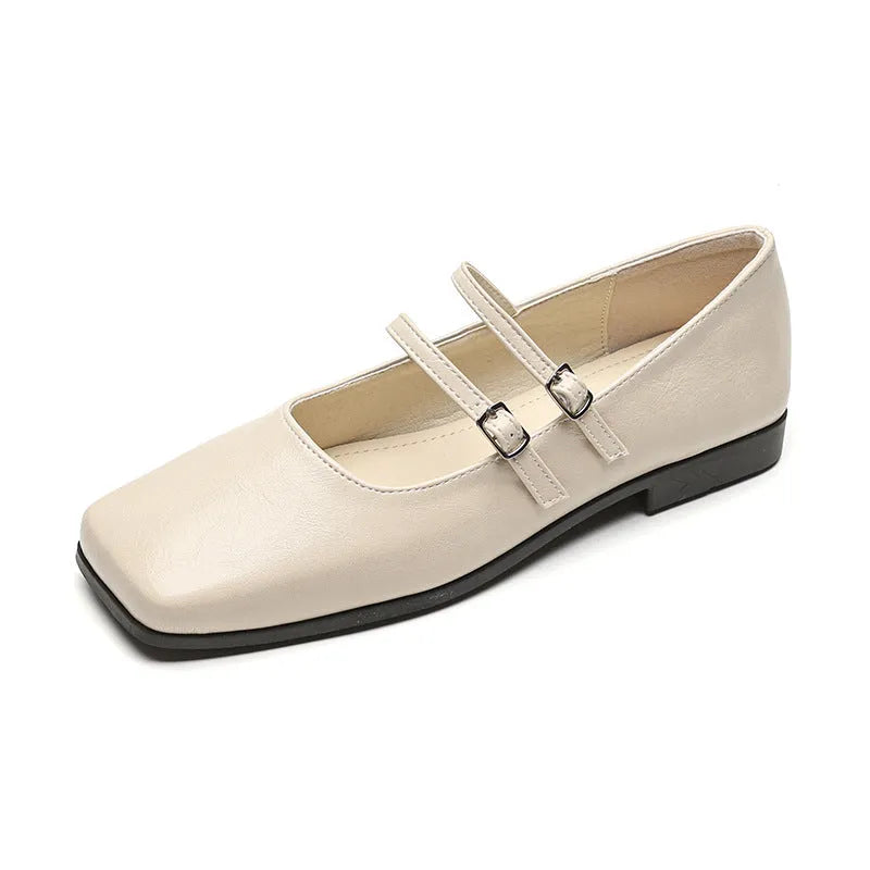 Women's silver leather ballet flats with cross buckle strap and round toe