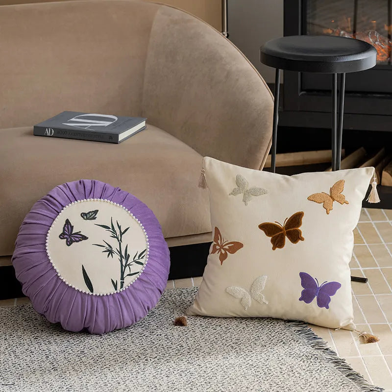 Square butterfly embroidery cushion in Chinese style measuring 45x45 cm in beige, black, or purple