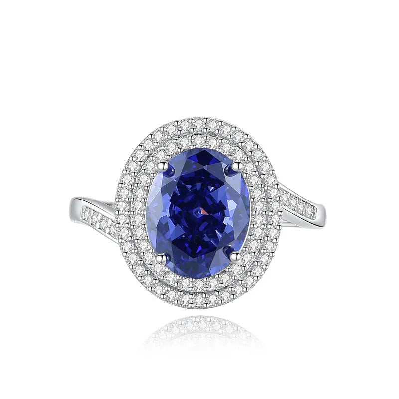 Heart-shaped high carbon diamond ice flower cut colour zircon stone set in a women's 925 sterling silver ring.