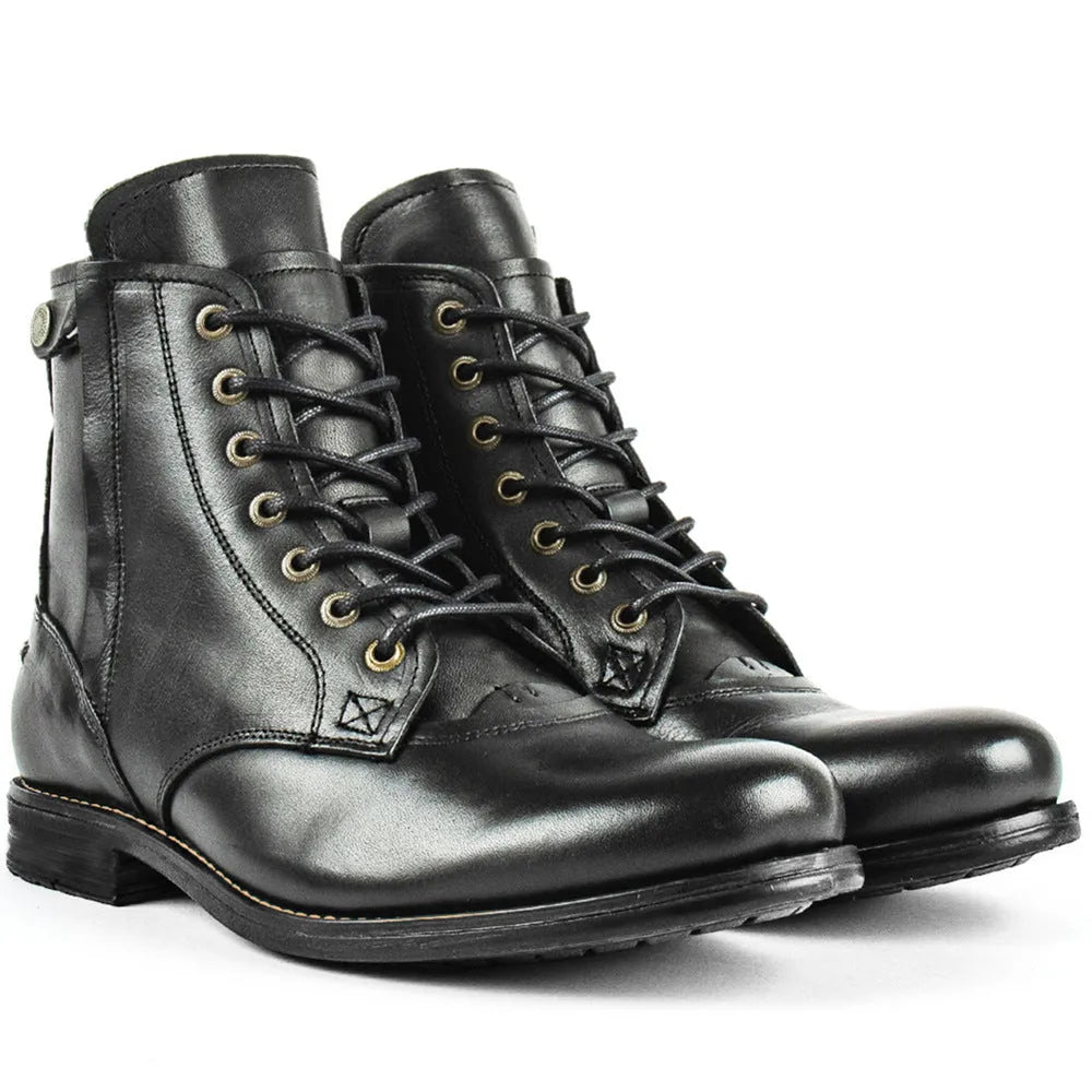 Knight Series men's black leather side zip ankle boots on a plain background.