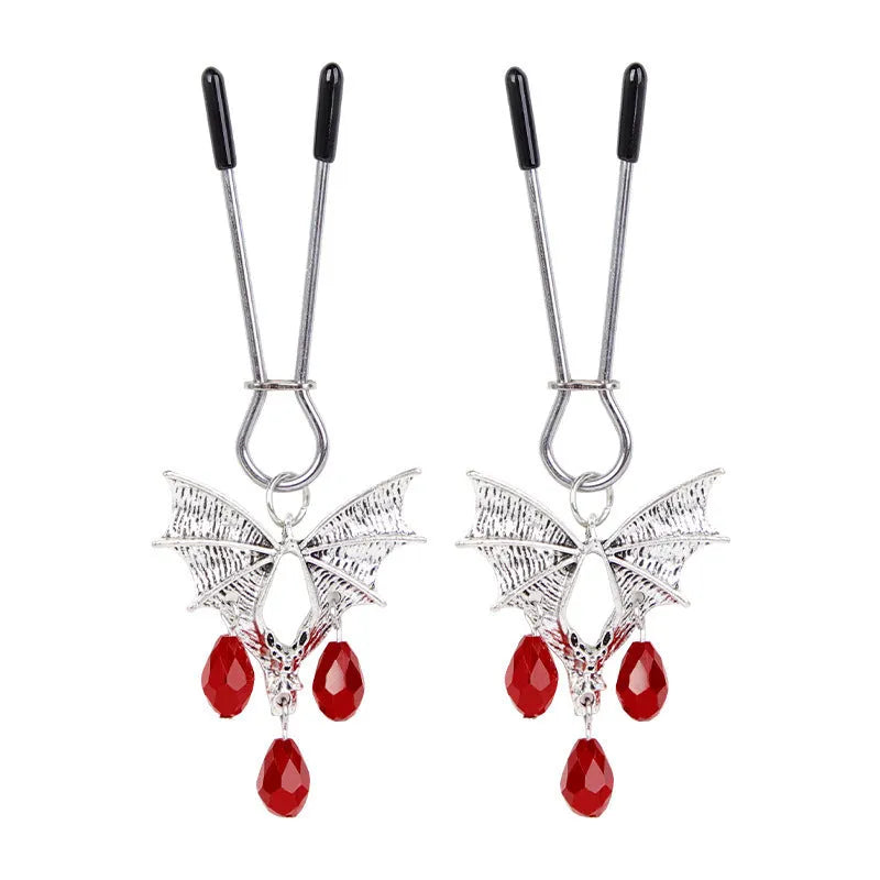 Adjustable silver alloy bat nipple clamp with ruby clip design for BDSM sensory play