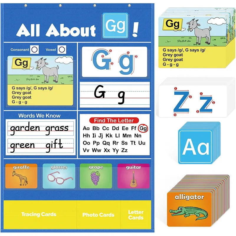Children's alphabet learning chart sleeve table with educational cards spread on 60x40cm wipe-clean surface