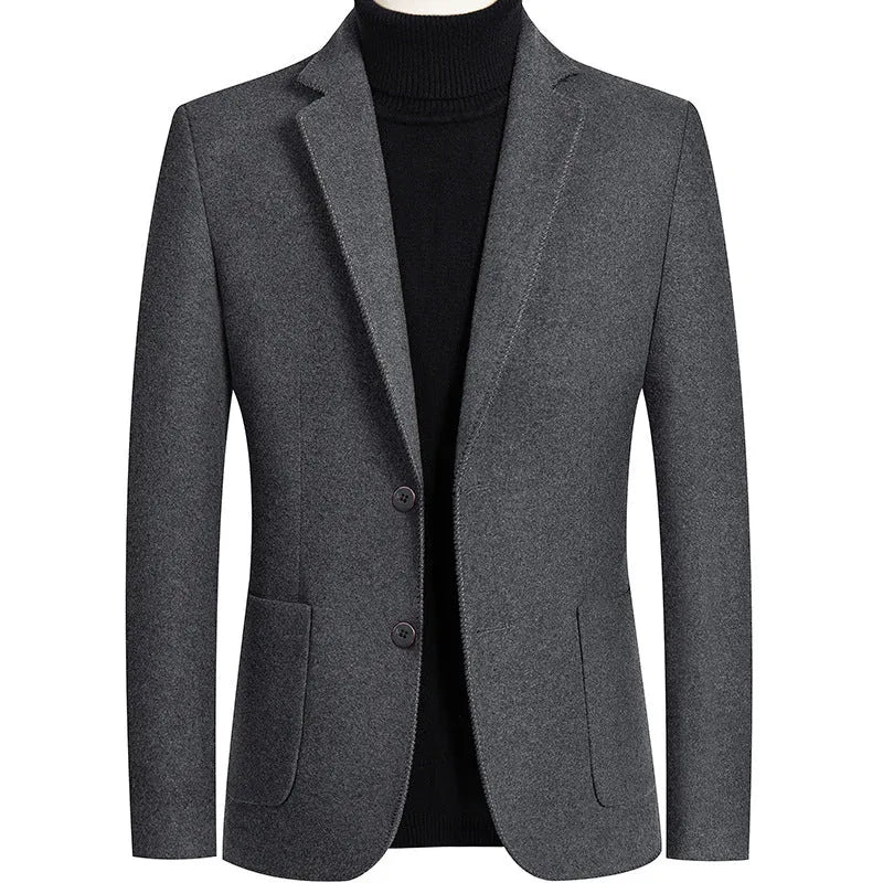 Men's slim fit wool suit jacket in gray, featuring a non-iron fabric and polyester lining for autumn and winter.
