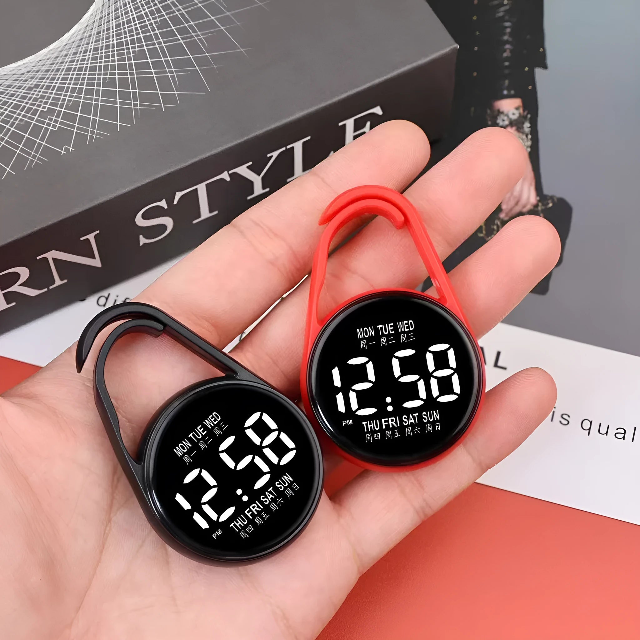 LED digital watch with luminous display and waterproof design shown in multiple colour options