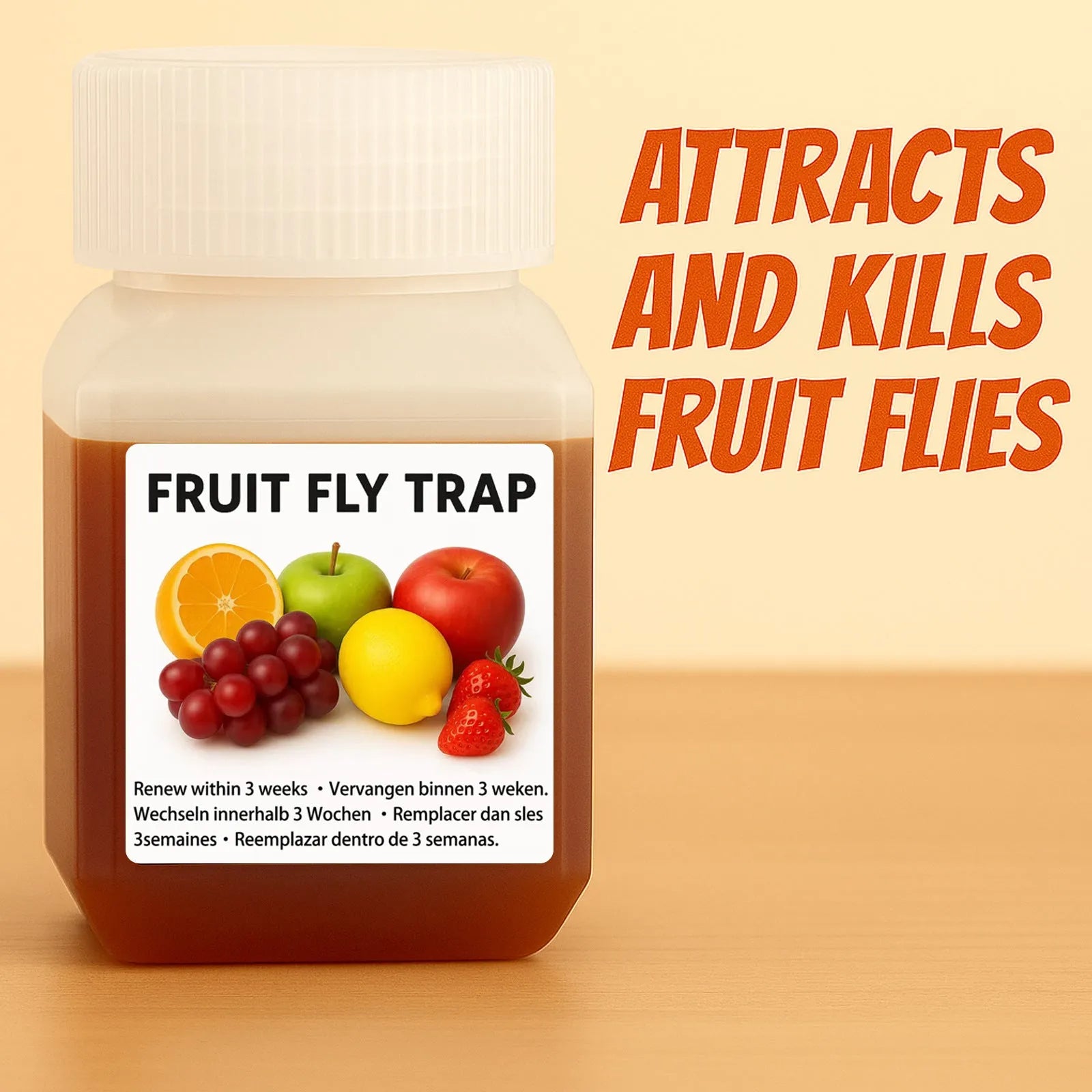 Bottle of fruit fly bait liquid for trapper station refill with SK003 specification options