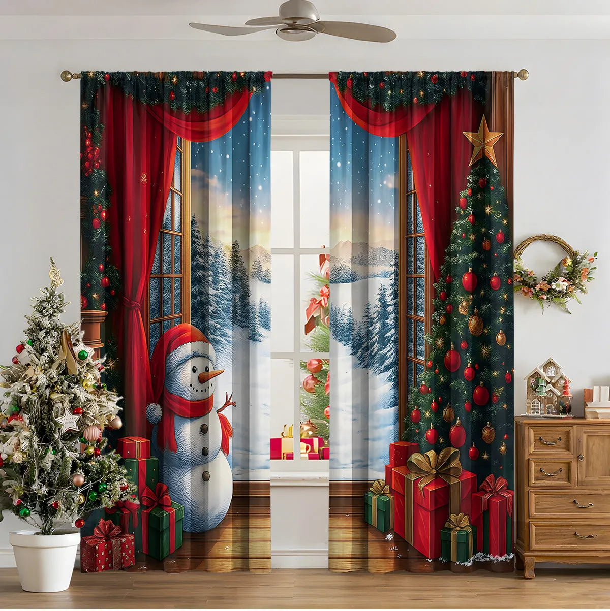 3D digital printed Christmas curtain in a modern European style, showing festive pattern and fabric texture.
