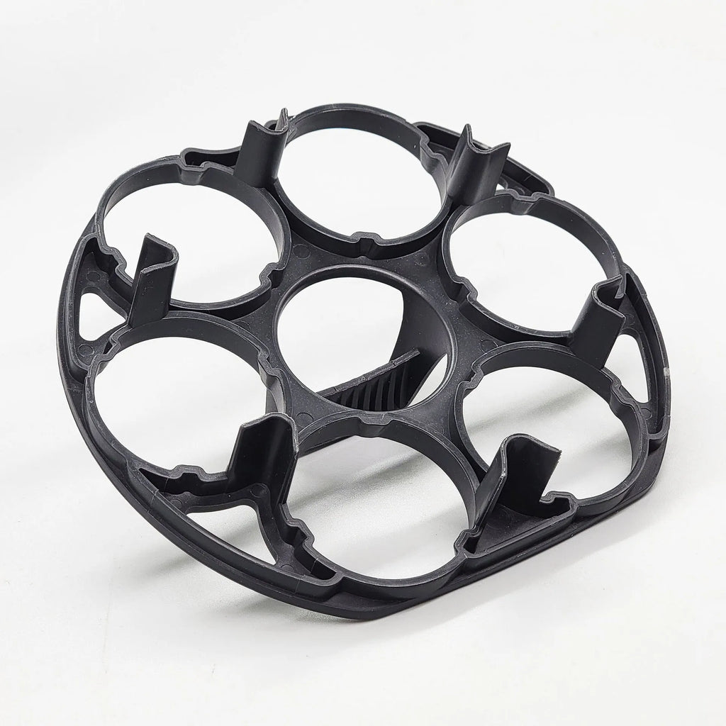 Black plastic egg holder basket with modern design showing 13.8cm length dimensions