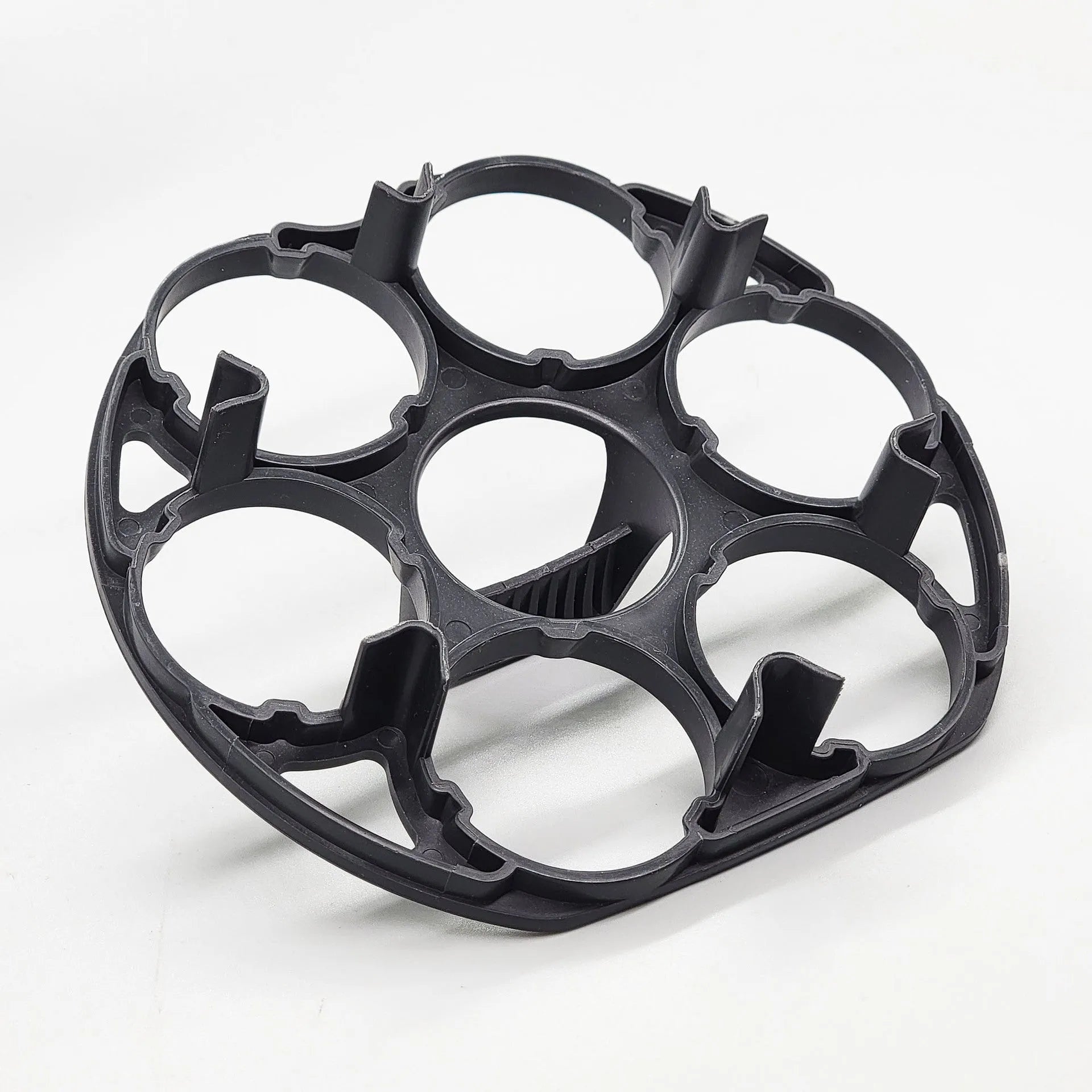 Black plastic egg holder basket with modern design showing 13.8cm length dimensions