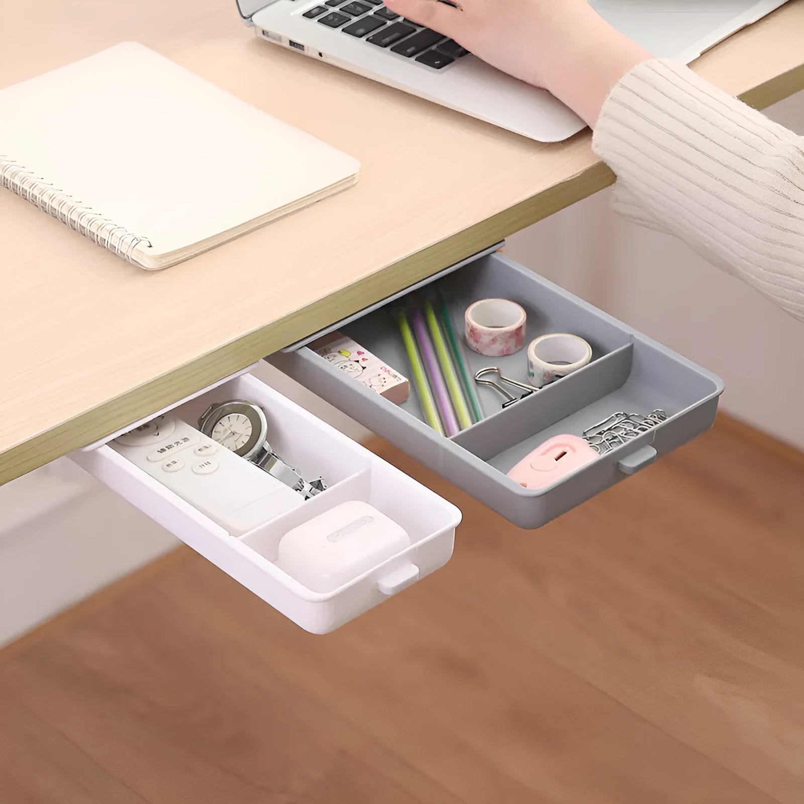 Plastic under table storage drawer with cover and grid compartments in multiple colour options