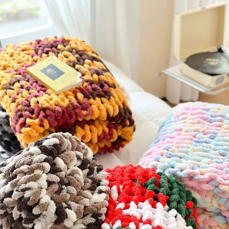 Handmade thick chenille cover blanket with striped pattern in caramel mango colour, size 130x170cm.