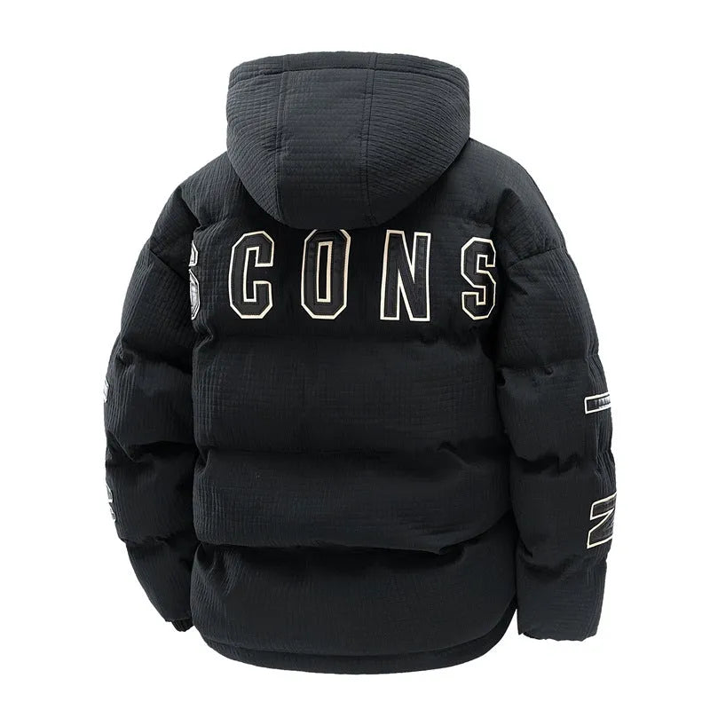 Men's black hooded padded cardigan coat with Korean style letter print on the chest.