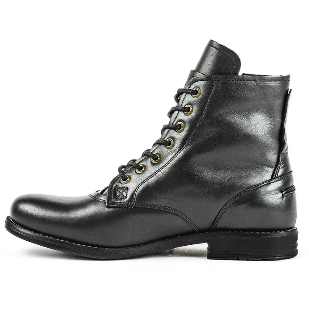 Knight Series men's black leather side zip ankle boots on a plain background.