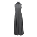Grey slim-fit sleeveless women's dress with a half turtleneck and backless design.