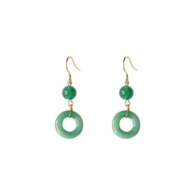 Green jade peace buckle shaped earrings with 14K gold plating for Chinese style clothing