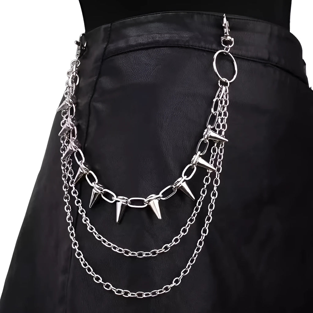Silver metal alloy trousers chain with rivet and zipper punk detailing, 115cm length