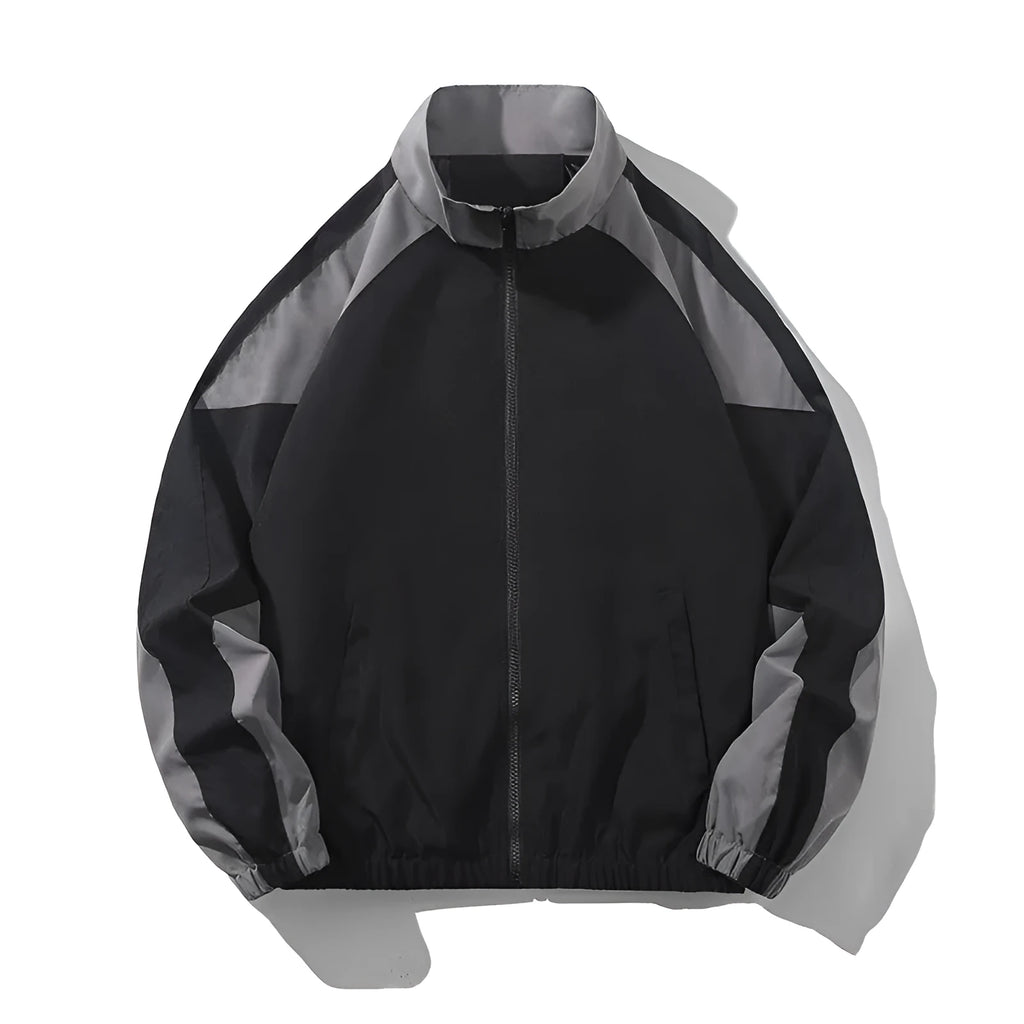 Men's casual jacket with contrast stitching design in black colour showing side seam pockets and regular sleeve length