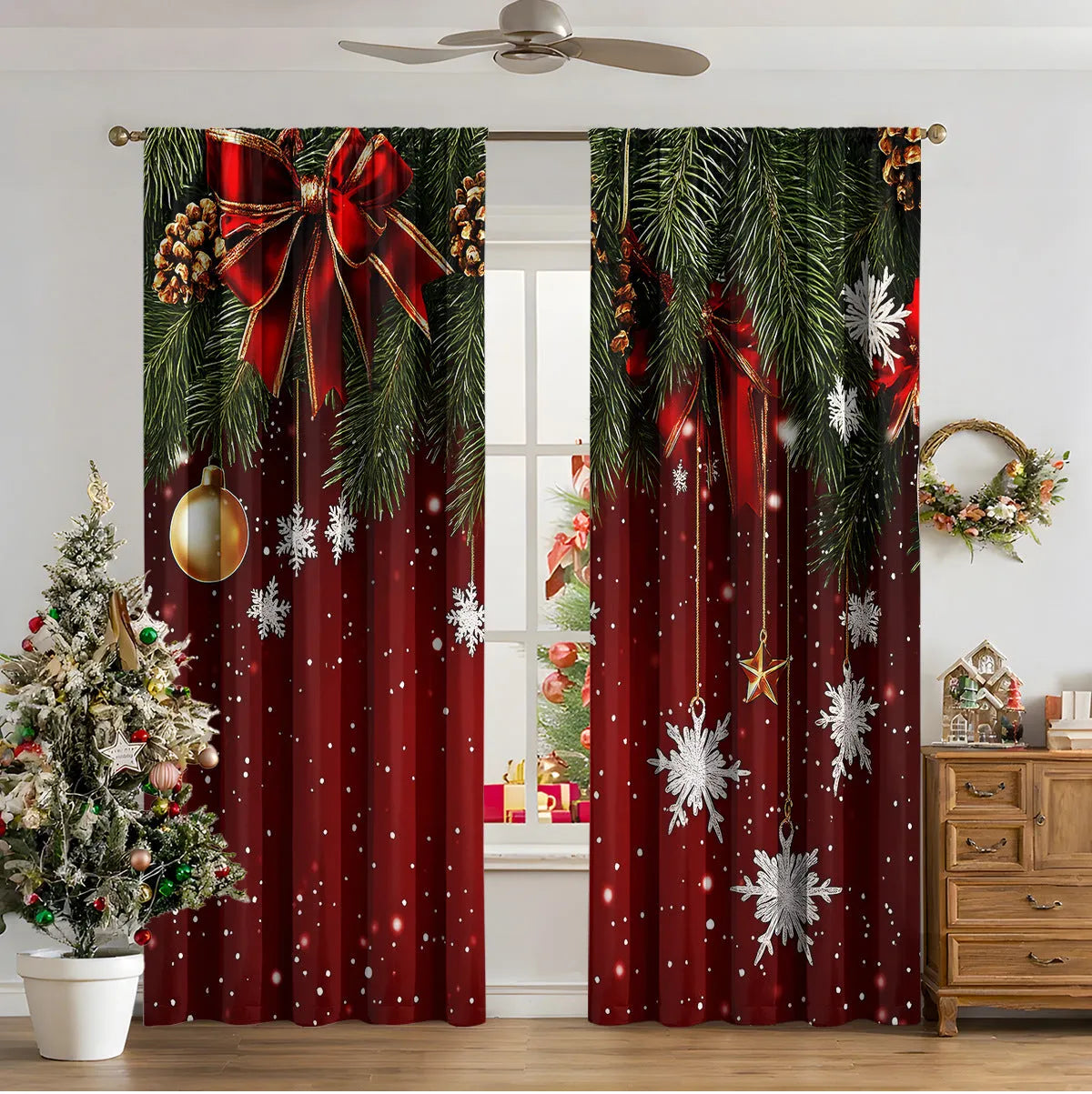 3D digital printed Christmas curtain in a modern European style, showing festive pattern and fabric texture.