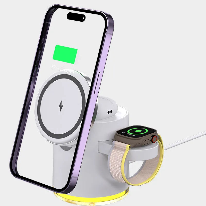 C16 portable magnetic three-in-one wireless folding charger in black or ivory white colour charging phone watch and earbuds