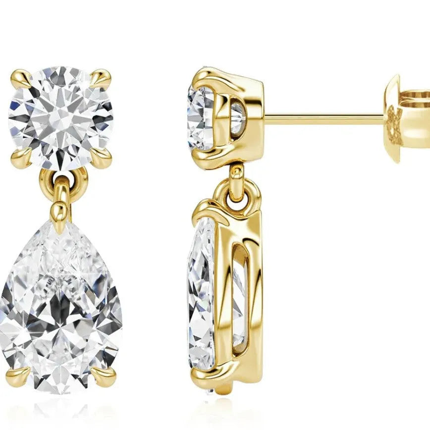 Water drop moissanite stud earrings in 925 sterling silver with round and geometric shapes