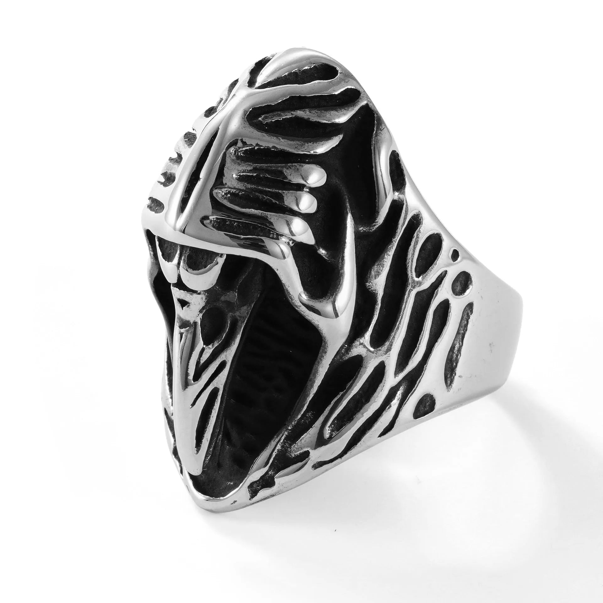 Black geometric crow design stainless steel punk ring on a hand, showing retro animal motif.