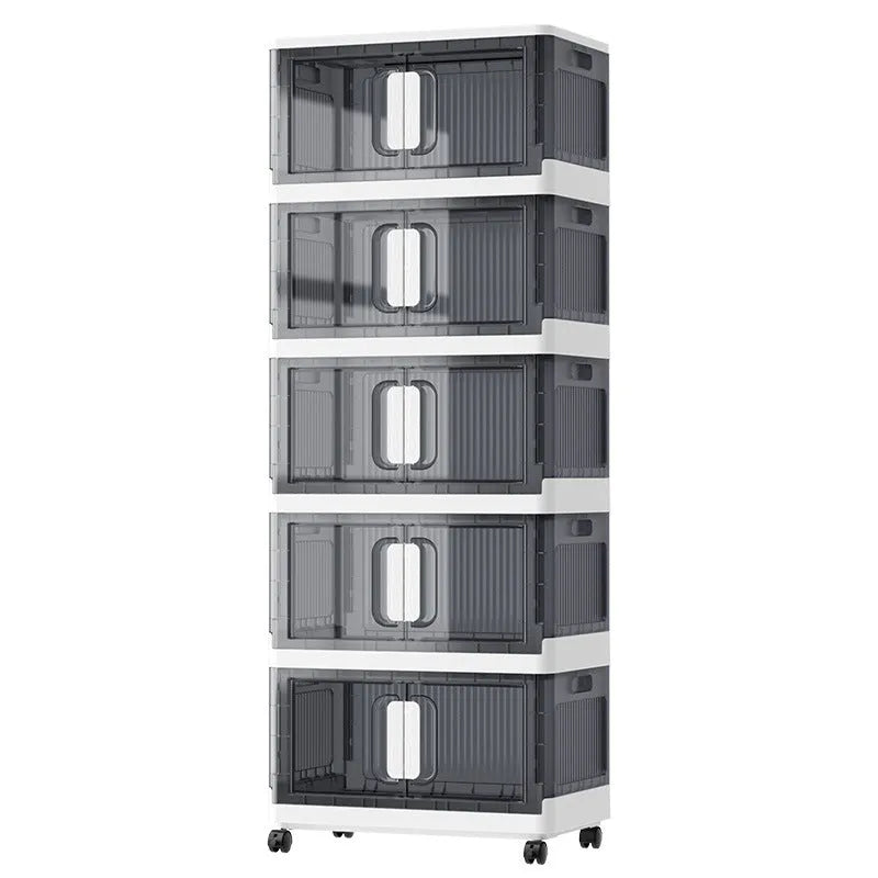 Foldable household storage locker with wheels in white colour with multiple storage layers