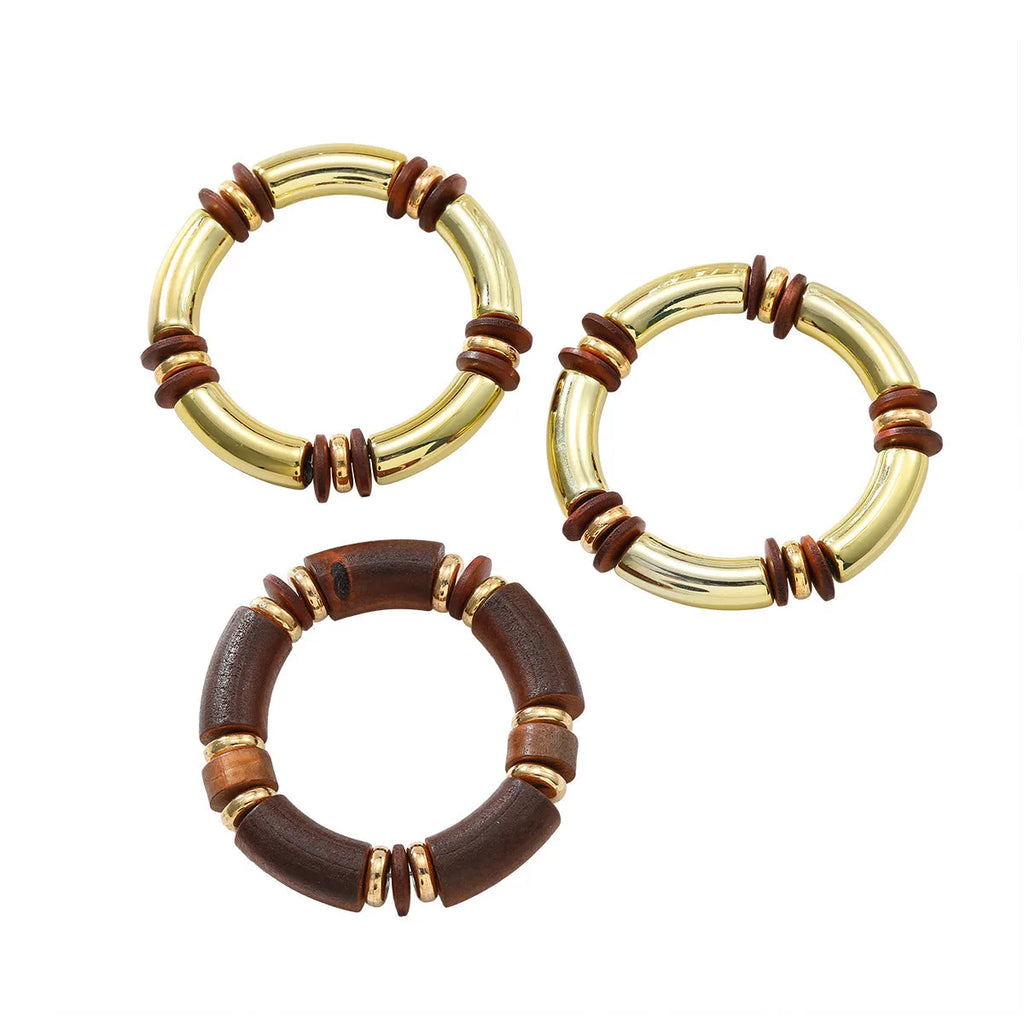 Women's multi-layer wooden necklace and bracelet set with alloy round pendant on regular chain