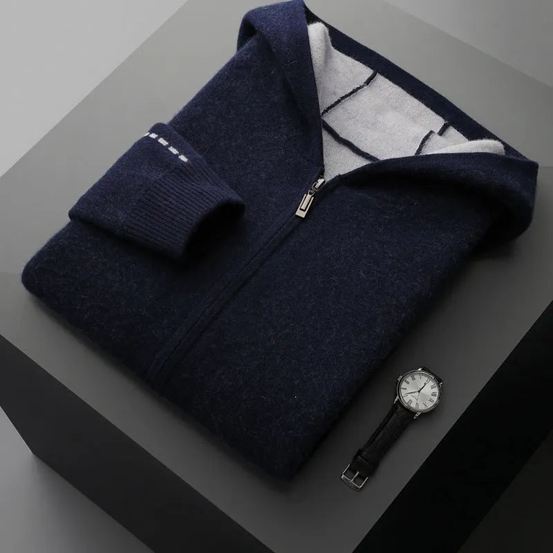 Men's dark blue cashmere half-high collar zip cardigan sweater with long sleeves