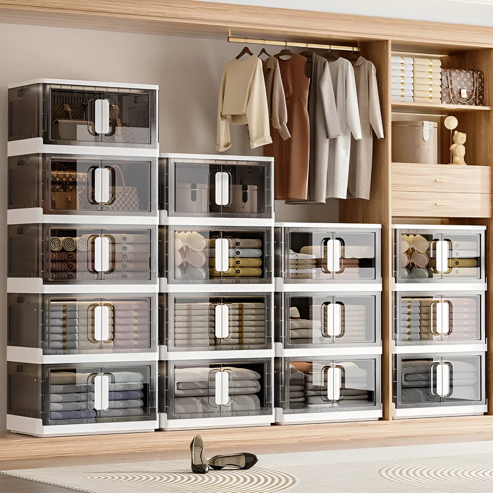 Foldable household storage locker with wheels in white colour with multiple storage layers