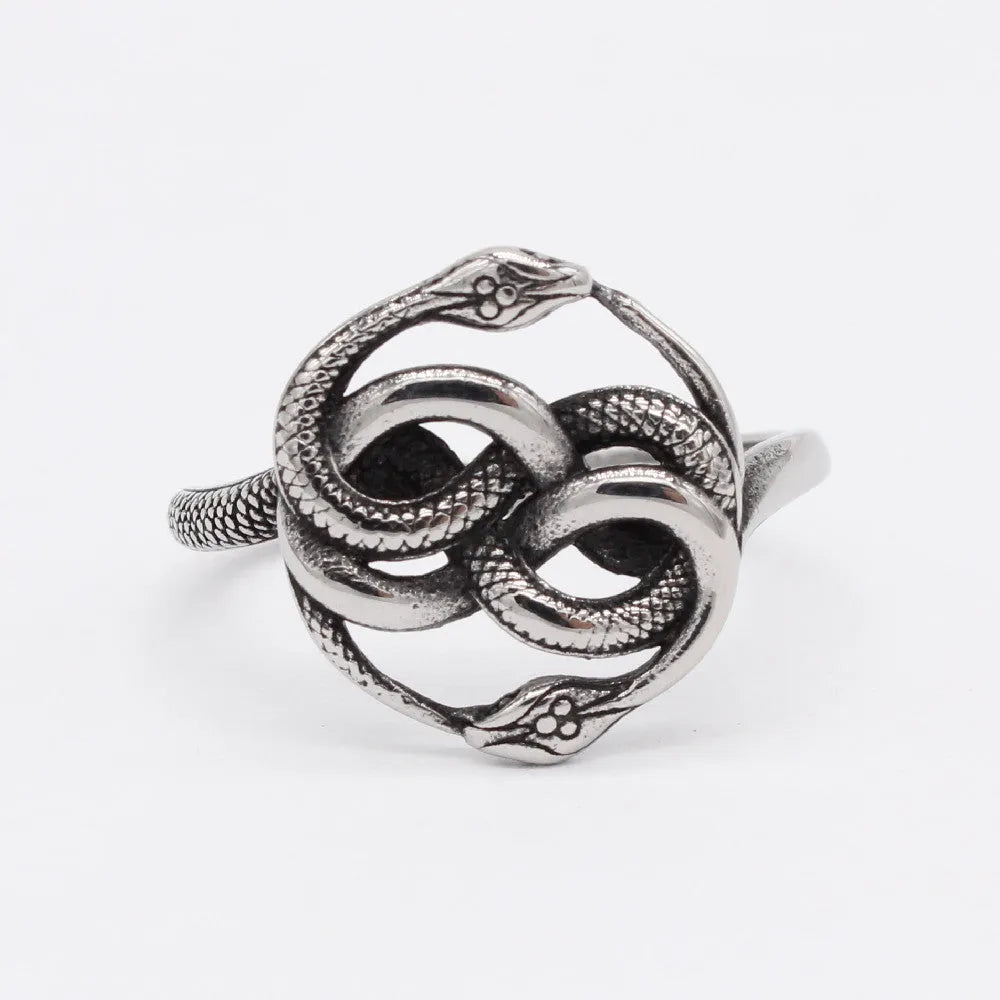 Retro double snake titanium steel ring showing detailed sculptural design on finger