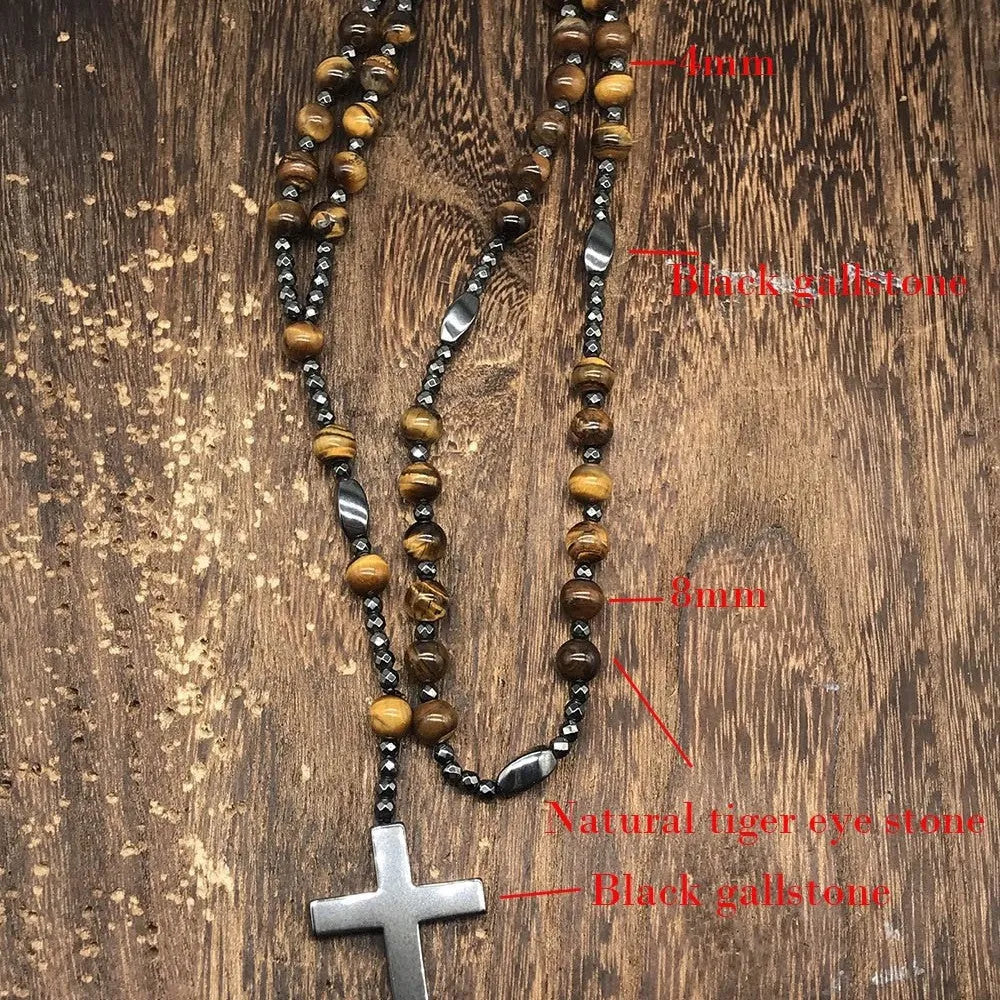 Men's stone cross pendant necklace on an 80cm ball bead chain with a safety lock
