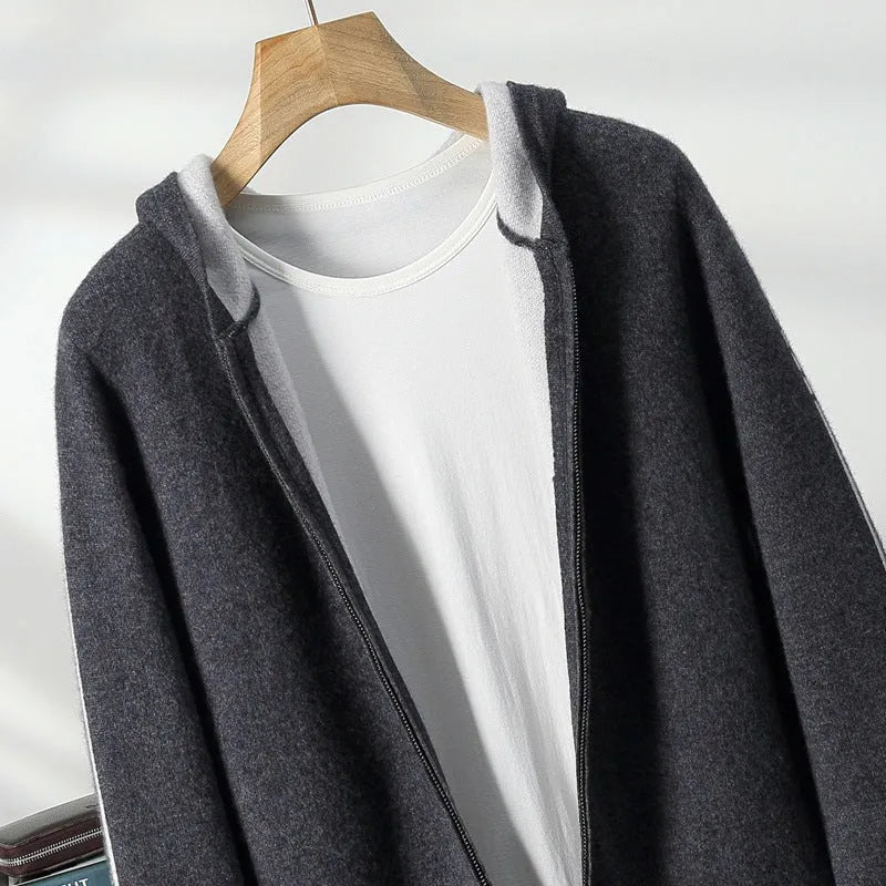 Men's dark blue cashmere half-high collar zip cardigan sweater with long sleeves