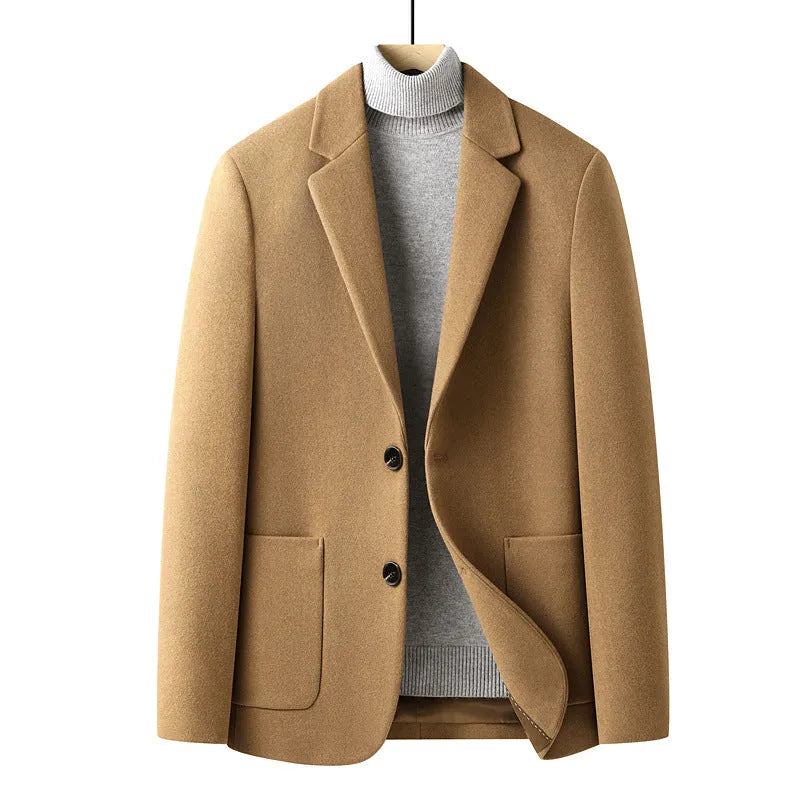 Men's slim fit wool suit jacket in gray, featuring a non-iron fabric and polyester lining for autumn and winter.