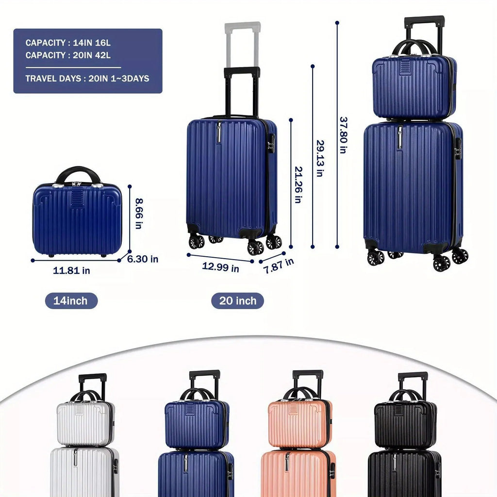 Aluminium alloy travel luggage set showing 14-inch and 20-inch suitcases with included towel