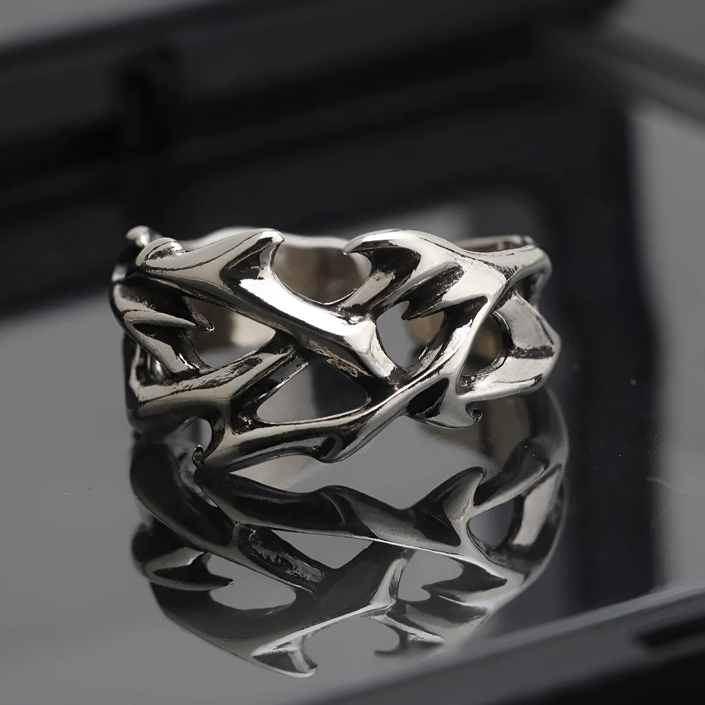 Copper geometric thorn flower ring with adjustable opening on finger
