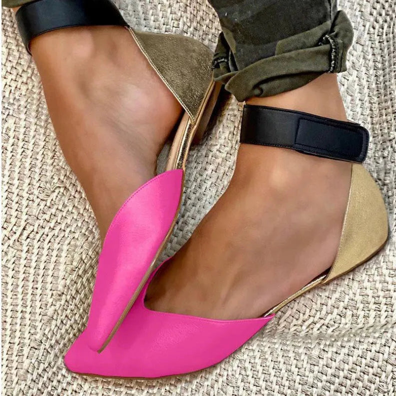 Women's velcro fasten hollowed sandals in beige with flat heel