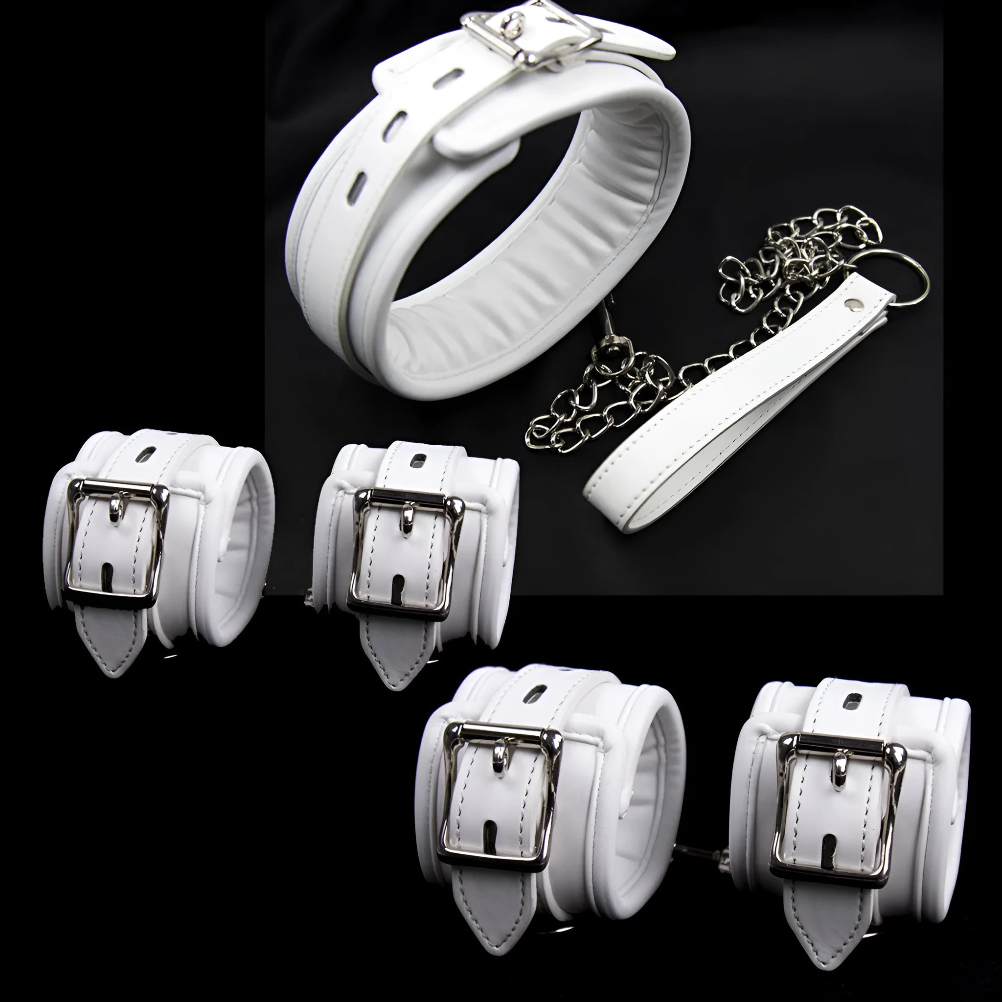 White PU sponge bondage set showing soft handcuffs, an ankle cuff, and a neck restraint.