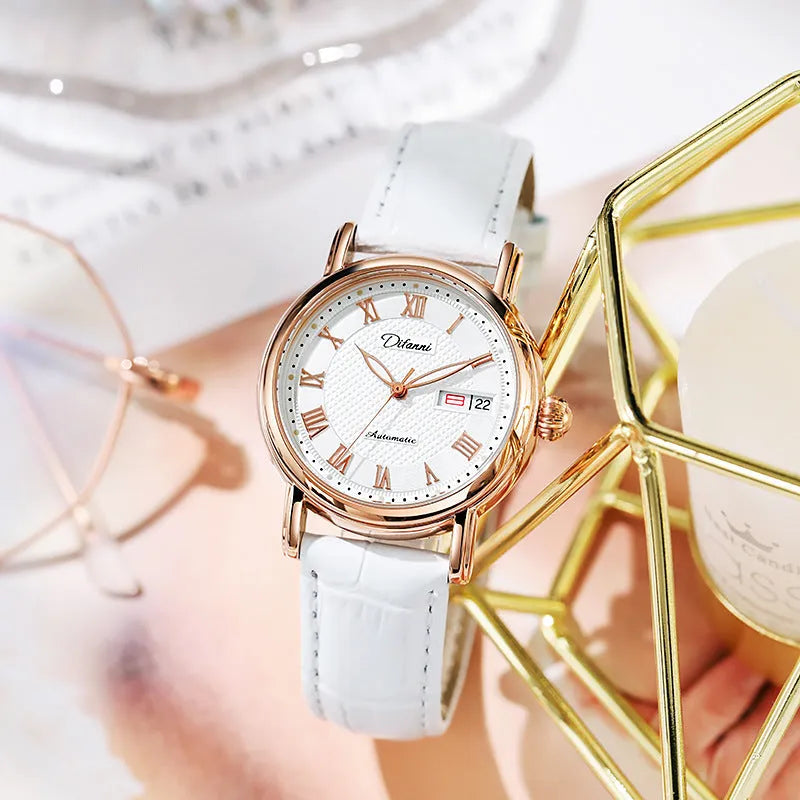 6023B automatic women's mechanical watch in steel and leather strap options on wrist